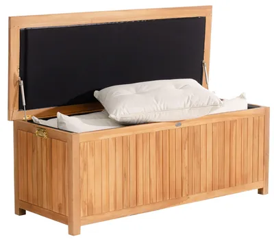 Image de Boîte de rangement en teck avec couvercle à ressort à gaz, modèle Odessa, supportant jusqu'à 250 kg, dimensions : 160 cm