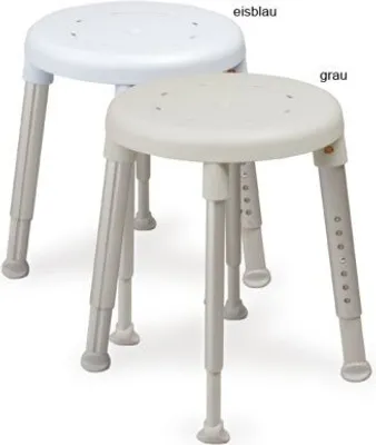 Two adjustable shower stools, one white and one gray, are shown against a white background.
