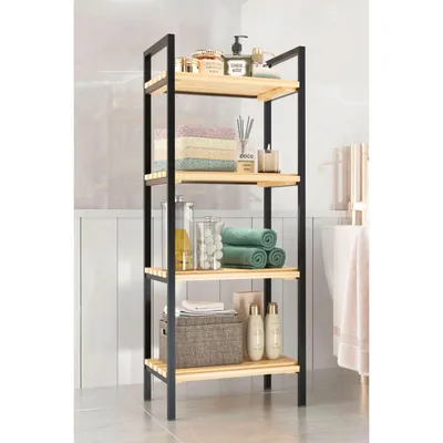 Produktbild von Standregal Holz Metall 4 Ebenen, Küchenregal Badregal Badezimmerregal Organizer Ablageregal Flurregal Aufbewahrungsregal Bücherregal schwarz natur