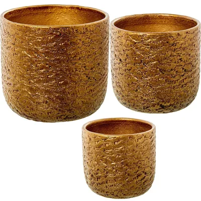 Obrázek produktu pro Sada tří keramických kulatých květináčů, zlaté barvy, rozměry: Ø 30 x 28 cm, Ø 25 x 24 cm, Ø 20 x 19 cm