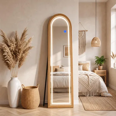 Produktbild von Zimilo Ganzkörperspiegel mit LED Beleuchtung, Standspiegel mit Holzrahmen 160 x 50 cm, Bogen Ankleidespiegel Dimmbar 3 Lichtfarben, für Schlafzimmer