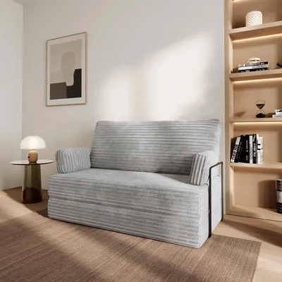 Produktbild von Masseno Schaumstoffsofa LADIA mit Schlaffunktion, Schlafsofa, Wohnzimmersofa, Couch, Sofa, Bettsofa, Kordstoff – Hellgrau TILIA 86
