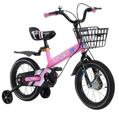 Produktbild von Kinderfahrrad - 16 Zoll (ca. 40 cm) Fahrrad mit Stützrädern - Mit Korb - Stahlrahmen - Für 2–9 Jahre - Für Mädchen und Jungen - Rosa