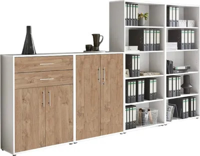 Produktbild von Aktenschrank TABOR 21 in weiß / Gold Harbor Oak, Schrankwand, Büroschrank, abschließbar, Metallgriffe