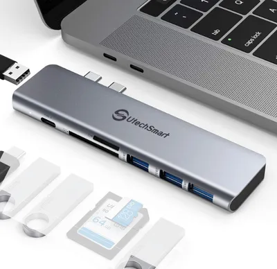 Produktbild von USB C Hub Aluminium Thunderbolt 3 Typ C Adapter 7 in 2 mit 3 USB 3.0&USB 2.0 Anschlüssen TF SD Kartenleser PD kompatibel mit MacBook Pro Air 13'' 15'' 2018 2019 2020