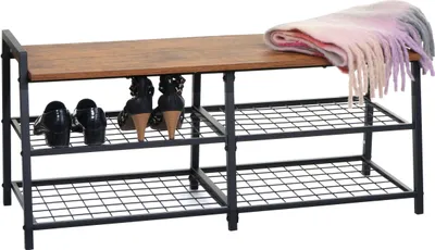 Zdjęcie produktu dla Regał na buty HWC-A27, szafka na buty, ławka na buty, 4 przedziały, metalowa konstrukcja 3D 40x107x38cm, wygląd dąb dziki