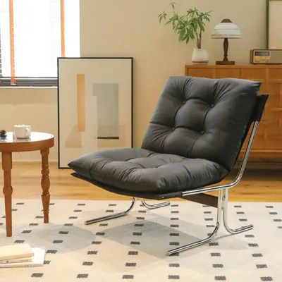 Produktbild von Bequemer Kunstleder Sessel Metallbeine Barcelona Stil Schwarz für Wohnzimmer Balkon