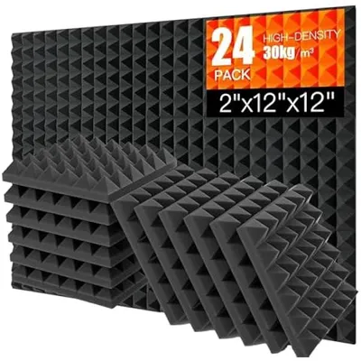 Obrázek produktu pro 24 kusů akustických panelů z pěny, akustická pěna, desky pro zvukovou izolaci, akustické panely, podložka pro potlačení hluku, vysoce hustá pěnová deska ve tvaru pyramidy, rozměry 30x30x5 cm