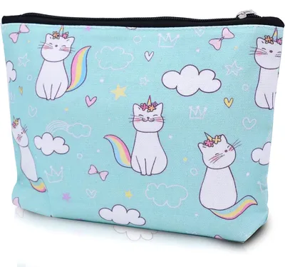 Imagen del producto de Bolsa de maquillaje de lona, gran capacidad, con estampados coloridos de gatos, ideal para llevar de viaje