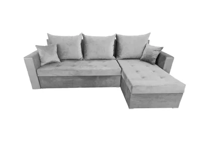 A gray sectional sofa with multiple cushions is shown against a white background.