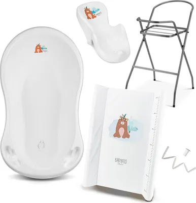 Produktbild von Babybadewanne mit Ständer 5 Set Rheinland  - Babybadewanne + Baby Badewannensitz + Wickelauflage + Gestell + Abfluss