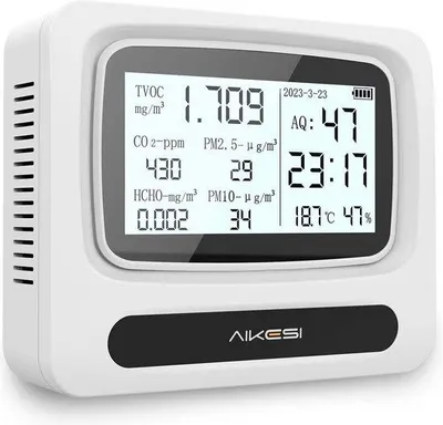 Immagine prodotto di Misuratore portatile 9 in 1 della qualità dell'aria con display LCD - Rilevatore ricaricabile di CO₂, TVOC, formaldeide, PM2,5 e PM10 - Per interni - Misuratore di temperatura, umidità e qualità dell'aria