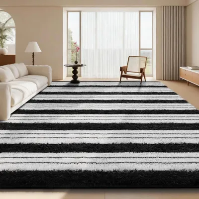 Obrázek produktu pro Koberec s vysokým vlasem do obývacího pokoje, rozměry 120x160 cm, pruhovaný, černobílý, omyvatelný, protiskluzový