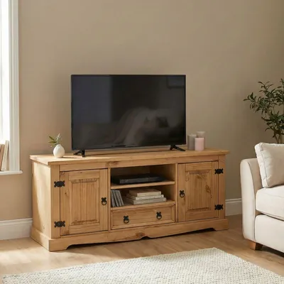 Produktbild von Lowboard TEQUILA 140 cm, Braun - TV Schrank aus Kiefer Massivholz, Fernsehtisch im Mexiko Stil, 2 Türen, Schublade und offenes Fach, Rustikaler Landhausstil