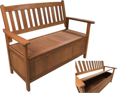 A wooden garden bench with storage.
