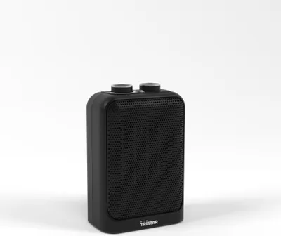 A black electric heater with two knobs on top, set against a white background.
