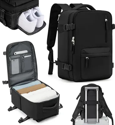 Produktbild von Rucksack Handgepäck Laptop-Rucksack, Reiserucksack, schwarz, Oxford-Stoff, 40x20x25 cm, Ryanair-konform, USB-Ladeanschluss, Diebstahlschutz, Nasstasche, für 13-14 Zoll Laptop, 1 kg, strapazierfähig