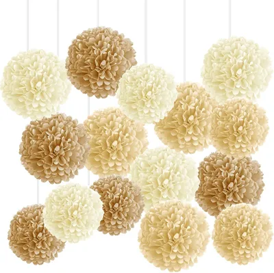 Produktbild von Seidenpapier Pompons Set von 15, beige braun weiß, für Party