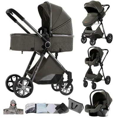 Immagine prodotto di Passeggino per bambini 3-in-1 - Sistema da viaggio - Con culla, seggiolino auto e sedile reversibile - Pieghevole - Ruote adatte a terreni accidentati - Adatto dalla nascita - Grigio scuro