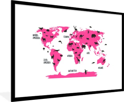 Produktbild von MuchoWow® Gerahmtes Poster Weltkarte Kinder - Rosa - Tiere 90x60 cm - Poster mit Schwarzem Bilderrahmen Wandposter Rahmen Foto Bilder - Wanddekoration - Fotos