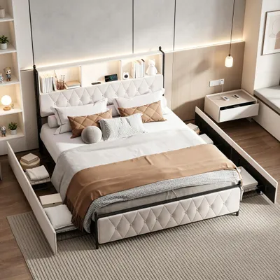 Obrázok produktu pre INONEFT čalúnená posteľ 180x200 cm so 4 zásuvkami, posteľ pre mládež, dvojlôžko s LED osvetlením a USB portmi, čalúnená opierka s úložným priestorom, rošt, zamat, béžová
