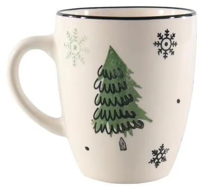 Produktbild von Becher aus Steingut mit grün-weißem Weihnachtsbaum-Motiv, 350 ml