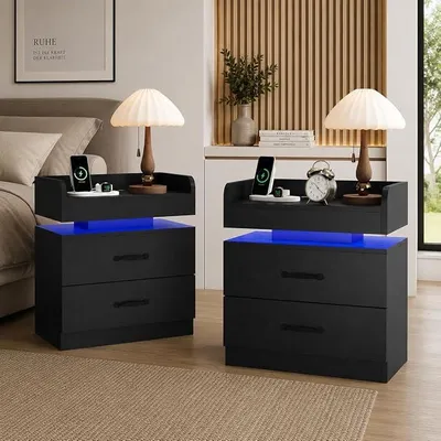 Obrázek produktu pro Noční stolek, sada 2 kusů, s nabíjecí stanicí a LED osvětlením, přistavovací stolek se 2 zásuvkami, 2 zásuvkami AC a 2 USB porty, moderní noční stolek do ložnice nebo obývacího pokoje, černý