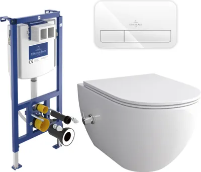 Produktbild von Alpenberger Dusch WC Komplett Set mit Villeroy & Boch Spülrandlos + Unterputz Spülkasten | Vorwandelement + Betätigungsplatte | Wand WC | Toilette mit WC Sitz mit Absenkautomatik (6250 Slim)