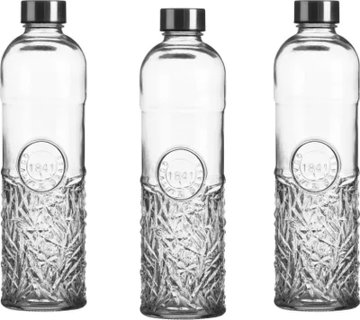 Produktbild von Stilvoll Wasser trinken - Oriental 1 Liter Glas Wasserflasche mit Schraubverschluss luftdicht, Trinkflasche für Wasser im Kühlschrank, Vintage Glasflasche - Edge 3er Set