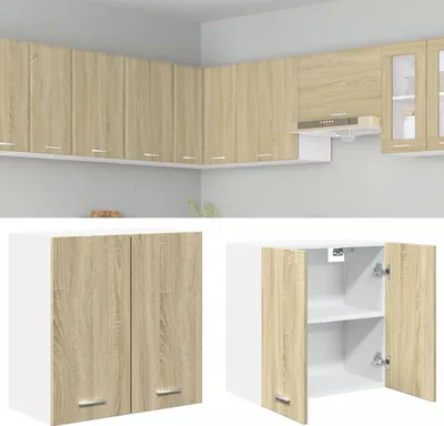 A collage of kitchen cabinets, showing a full set and a close-up of an open cabinet.