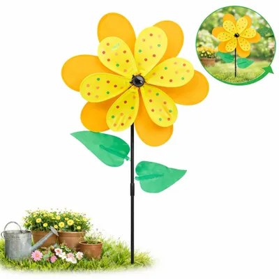 Image de Piquet de jardin avec fleur – Jaune et orange – Moulin à vent 70 x 36 x 36 cm – Carillon éolien de décoration de jardin – Moulin de jardin rotatif