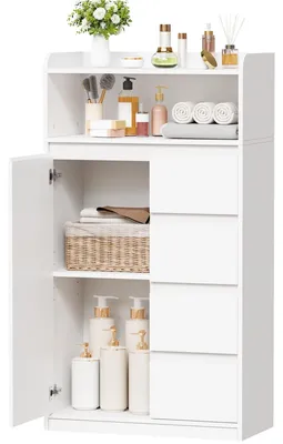 Produktbild von Badezimmerregal mit 4 Schubladen - Aufbewahrungsschrank mit Tür - Weiß - 110 x 60 x 30 cm