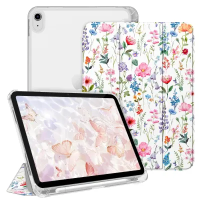 Produktbild von Fintie Hülle für iPad (A16) 11./10. Generation (2025/2022) mit Stifthalter – ultradünne, leichte Schutzhülle mit Hart-PC, Transparente Rückseite, Blume