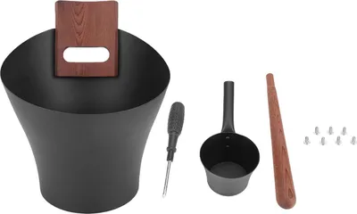 Immagine prodotto di Secchio per sauna in alluminio da 5 litri con manico lungo in legno, set di accessori con mestolo per doccia SPA, sorgente termale all'aperto