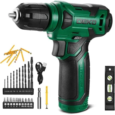 Immagine prodotto di Trapano avvitatore a batteria da 8V con set di accessori da 42 pezzi, mandrino autoserrante, LED, stazione di ricarica di tipo C, colore verde
