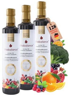 Produktbild von Vitabalance® Mikronährstoffkonzentrat 3x500 ml -128 Zutaten inkl. fermentiertem Obst und Gemüse - für die tägliche Nährstoffversorgung | Vegan | Vorrat für drei Monate (3er-Pack)