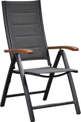 A single folding chair with a dark gray fabric seat and back, a dark gray metal frame, and brown wooden armrests, presented against a white background.