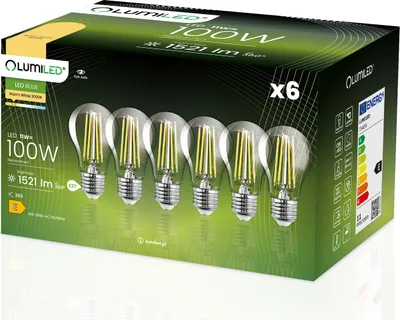 Zdjęcie produktu dla 6x Żarówka LED E27 A60 11W = 100W 1521lm 3000K Ciepła 360° FILAMENT LUMILED