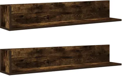 Two identical wooden shelves are shown against a white background.