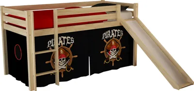Produktbild von Vipack Spielbett Pino mit Rutsche und Textilset "Pirates" - Kiefer massiv natur lackiert, Maße: 210 cm x 114 cm x 218 cm; PICOHSGB1077