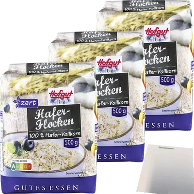 Produktbild von Hofgut Haferflocken zart 3er Pack (3x500g Packung) + usy Block
