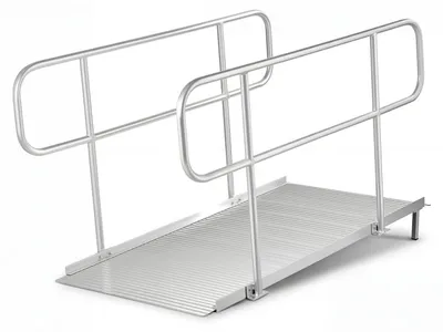 Produktbild von Rollstuhlrampe mit Handläufen - Schwellenrampe - 180 x 83 x 108 cm - Tragkraft 453 kg - Rutschfeste Alu Auffahrschiene - Tragbar für Rollstuhl Scooter Treppen