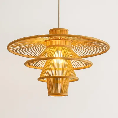 Produktbild von Fine Asianliving Bambus Hängelampe Pendelleuchte Handgefertigt - Mavis D60xH40cm Pendelleuchte Beleuchtung Bambus Lampenschirm Geflochten Lampe Belechtung Rotan
