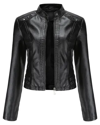 Produktbild von Kurze Damen-Lederjacke, Bikerjacke mit Stehkragen, Lederjacke mit Reißverschluss, Übergangsjacke für Herbst und Frühling