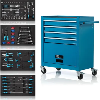 A collage of tool sets and a blue tool cart.