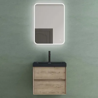 Produktbild von Mai & Mai Badmöbelset Badezimmermöbel Waschbeckenunterschrank 2 Schubladen mit Soft-Close inkl. Waschbecken und LED-Badspiegel Eiche Greige 60 cm Rimo