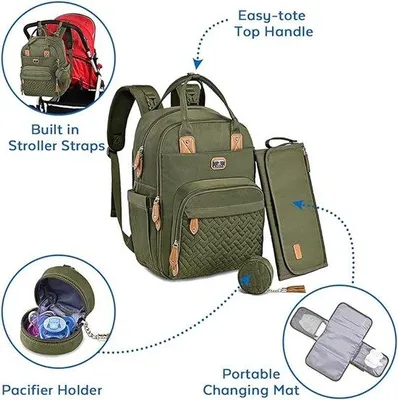 Image de Grand sac de voyage pratique avec coussin et seau à jouets pour bébés, garçons et filles, sangle pour poussette – pour les mamans ou les papas (vert foncé)