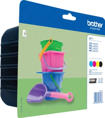 A Brother ink cartridge packaging with beach toys on the front.