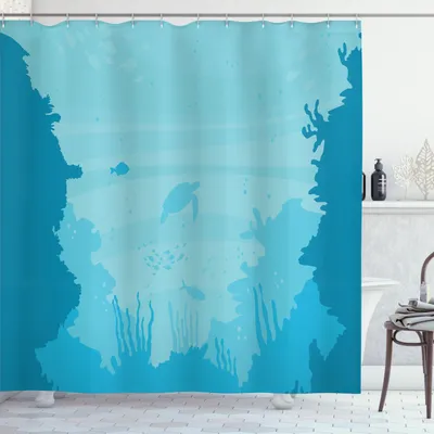 Image de ABAKUHAUS Rideau de douche Sous la mer, image sous-marine représentant une tortue et des poissons nageant dans la mer, 175 x 220 cm, turquoise foncé Turquoise