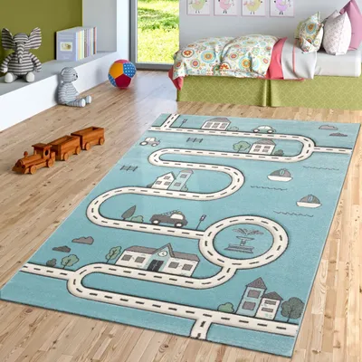 Produktbild von TT Home Kinderzimmer Kurzflor Teppich Spielmatte Straße Stadt Autos Spielteppich In Blau Größe 120x170 cm